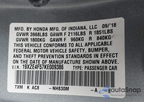 2019 Honda Insight Ex z USA, uszkodzony, nr VIN 19XZE4F57KE009386